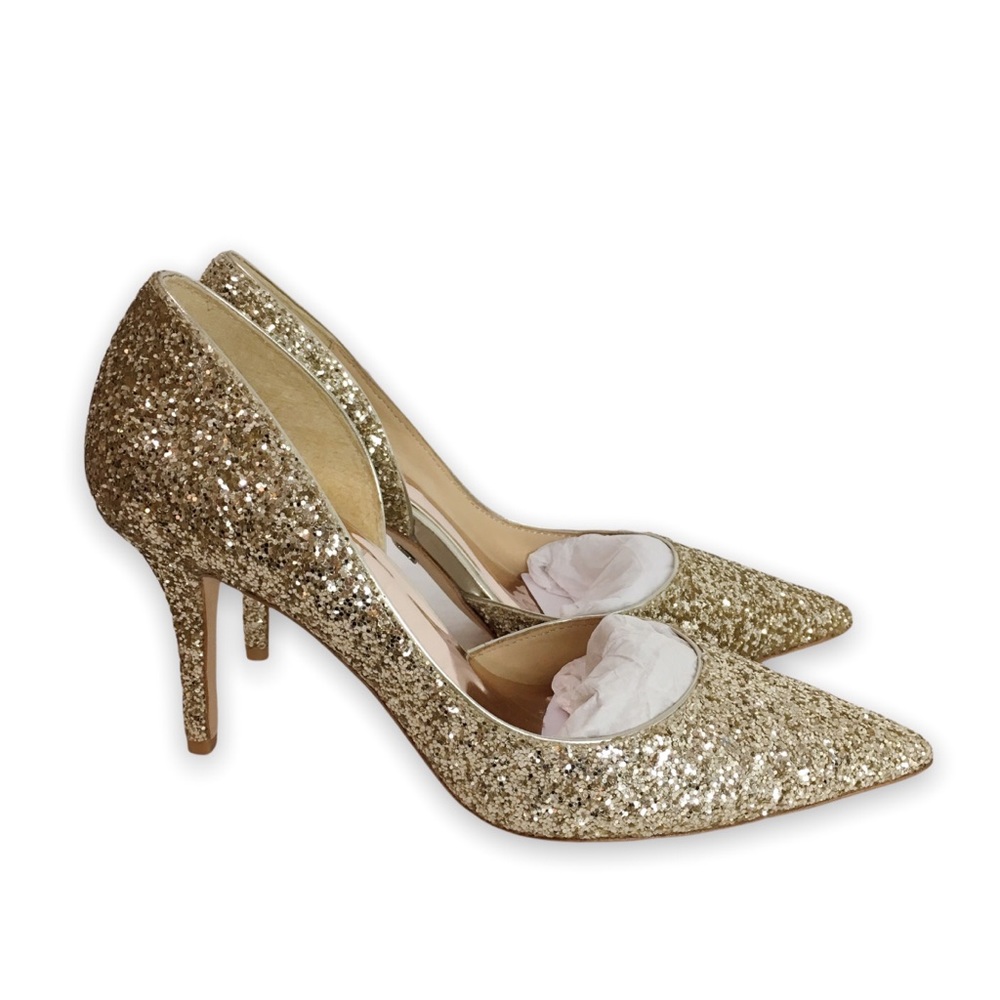 Badgley Mischka Daisy Gold Glitter Sparkley D’Orsay Point Toe Heels Pumps Size 6